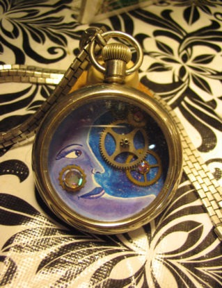 Steampunk Blue Moon Pendant Made Out of a Pockect Watch and Watch Gears steampunk buy now online