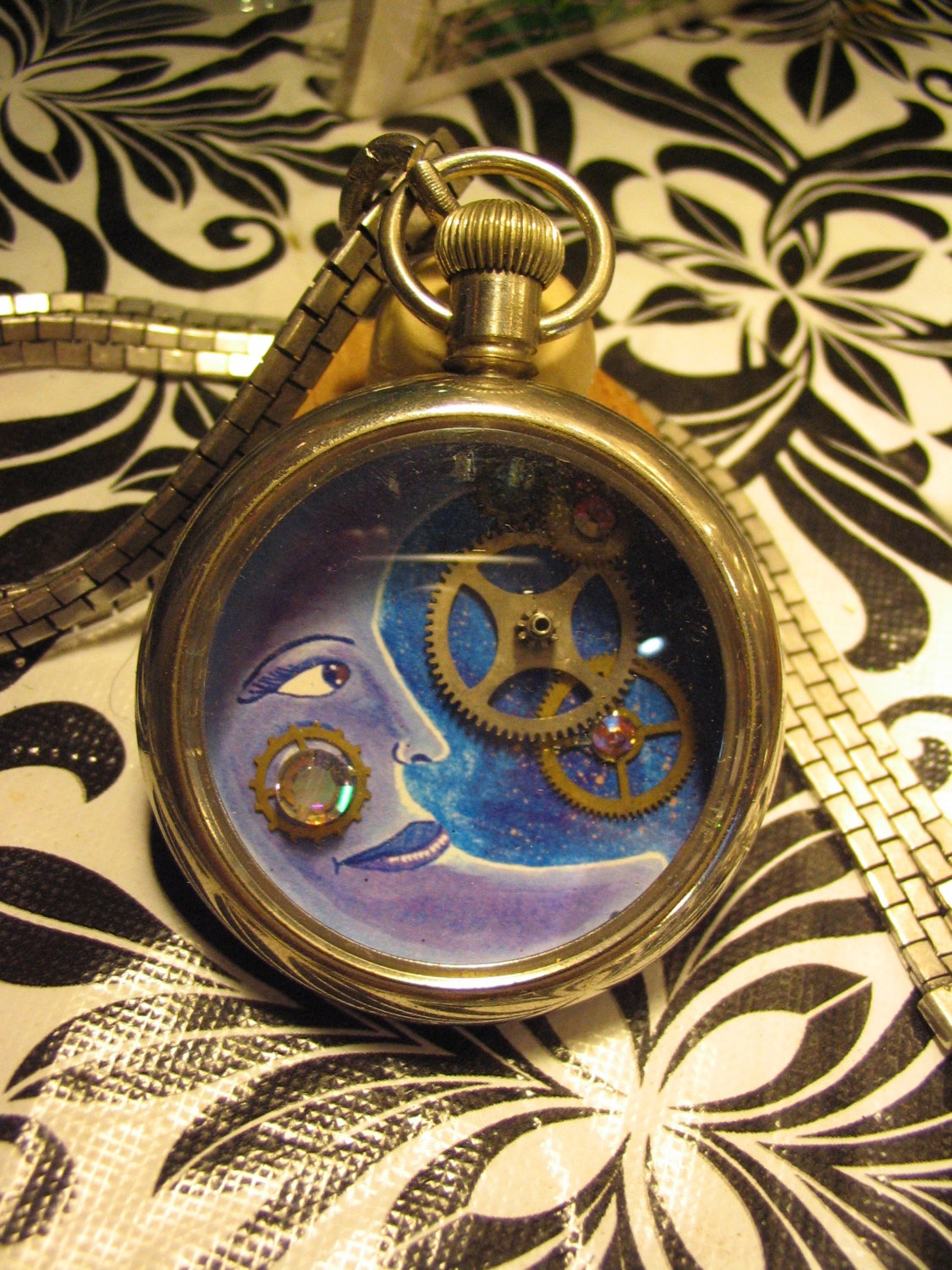 Steampunk Blue Moon Pendant Made Out of a Pockect Watch and Watch Gears steampunk buy now online