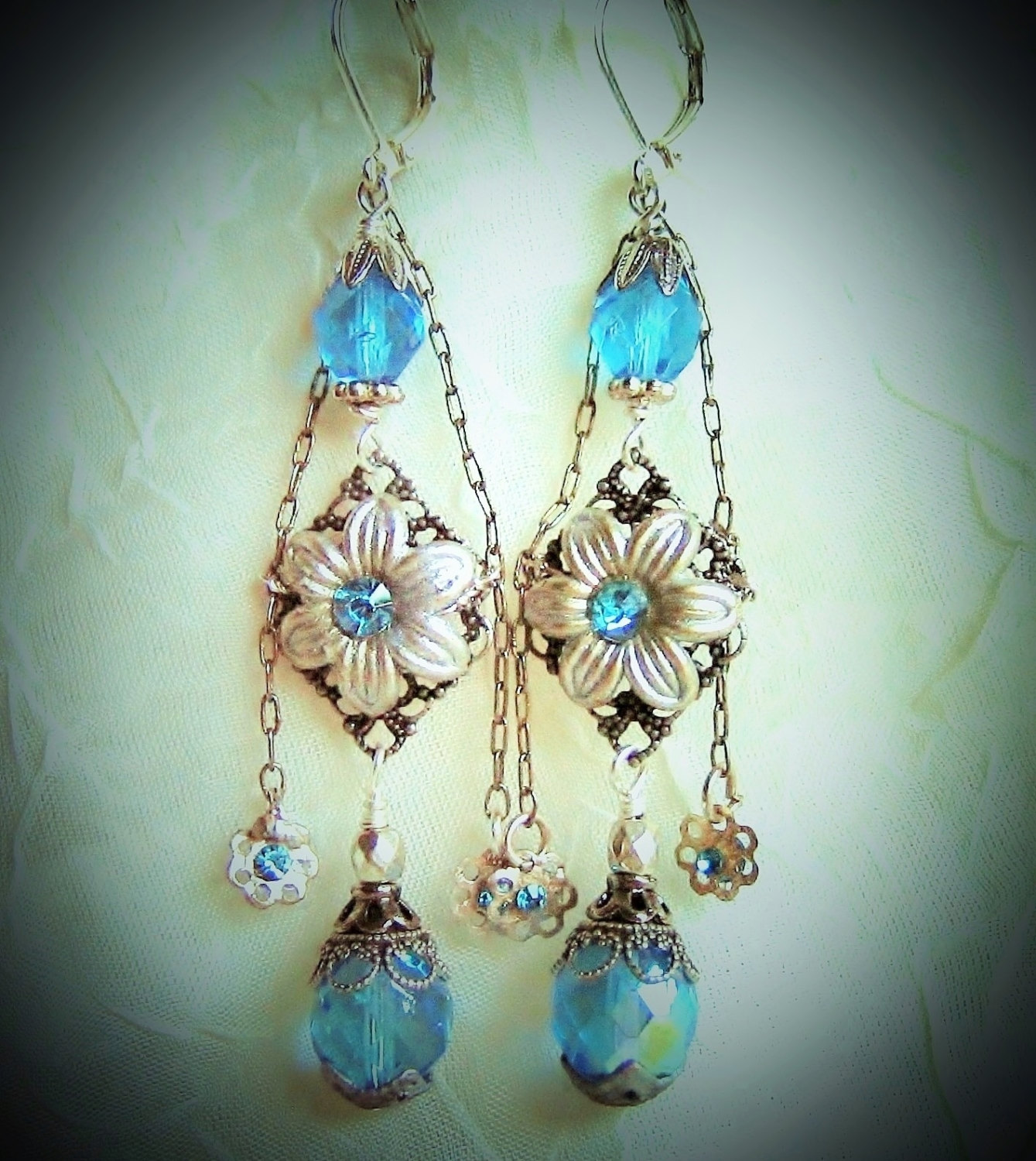 Earrings, Antiqued Silver With Aqua Czech Crystal Beads, Swarovski Chatons, Statement Earrings, Steampunk, Hendrika steampunk buy now online