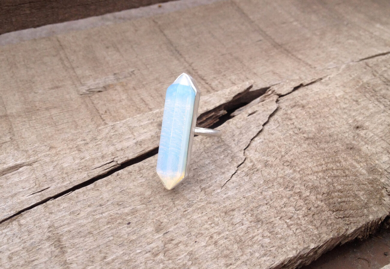 Rocker Hexagon Light Blue Opal Opalite Wand Double Terminated Point Ring in Sterling Silver steampunk buy now online