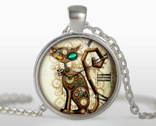 Steampunk cat pendant, Steampunk clock Necklace, Silver plated pendant, Steampunk Jewelry, black, brown, white steampunk buy now online