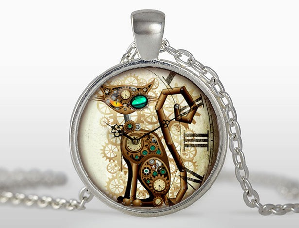 Steampunk cat pendant, Steampunk clock Necklace, Silver plated pendant, Steampunk Jewelry, black, brown, white steampunk buy now online