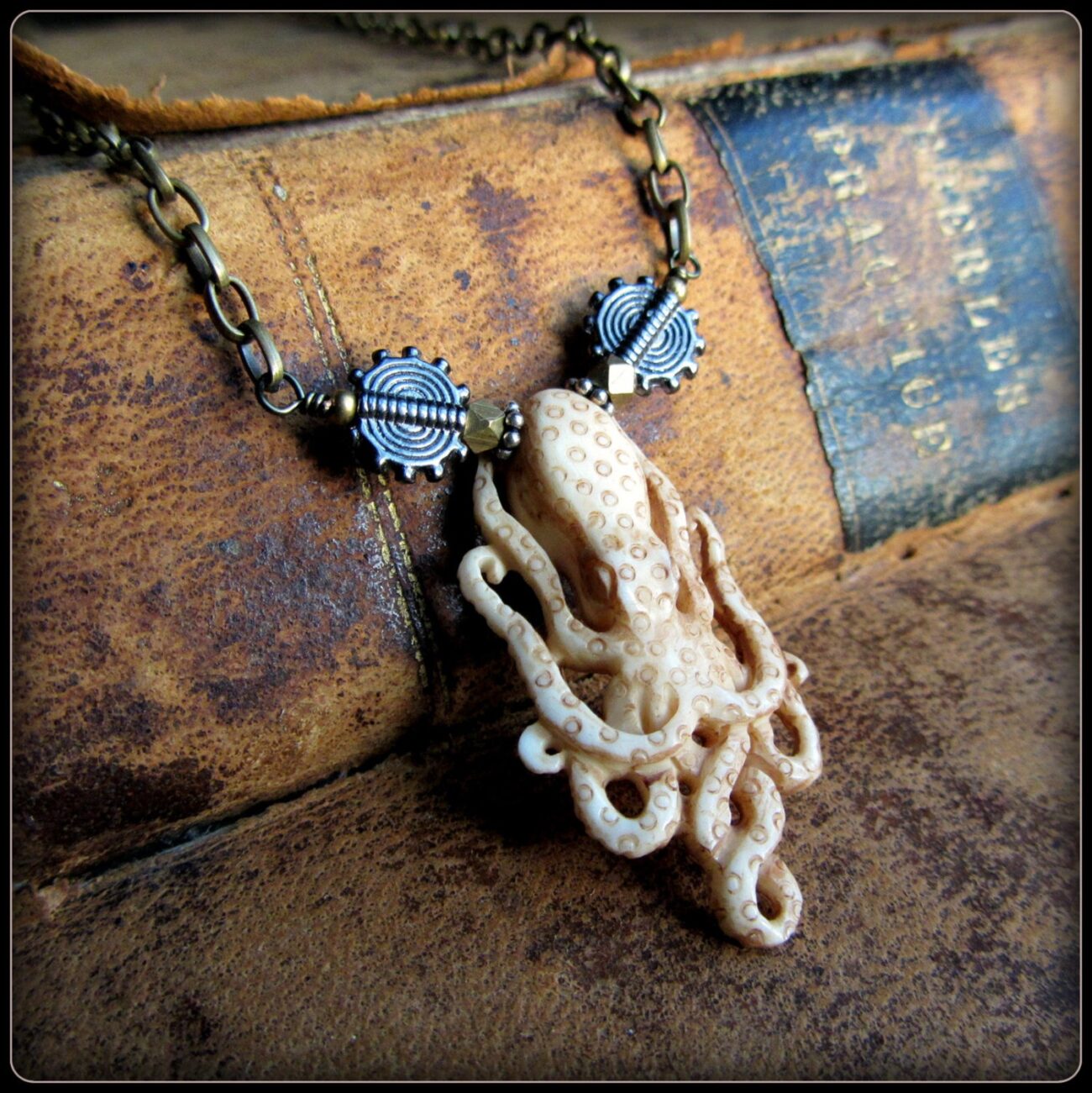 Octopus Pendant Necklace ~ Steampunk Pirate Cthulhu Cephalopod ~ hand carved bone taxidermy style ~ brass chain infinity tentacles steampunk buy now online