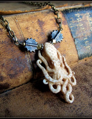 Octopus Pendant Necklace ~ Steampunk Pirate Cthulhu Cephalopod ~ hand carved bone taxidermy style ~ brass chain infinity tentacles steampunk buy now online