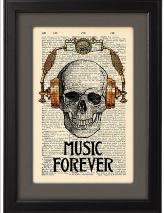 Skull in steampunk headphones, Music forever Funny poster, Dictionary Print, Book pages, Gift, Dorm home wall decor, CODE/141 steampunk buy now online