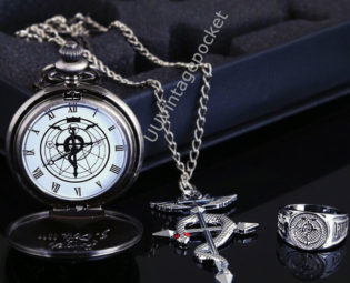 Titanium steel Fullmetal Alchemist three-piece. Fullmetal Alchemist pocket watch with Fullmetal Alchemist necklace and ring steampunk buy now online