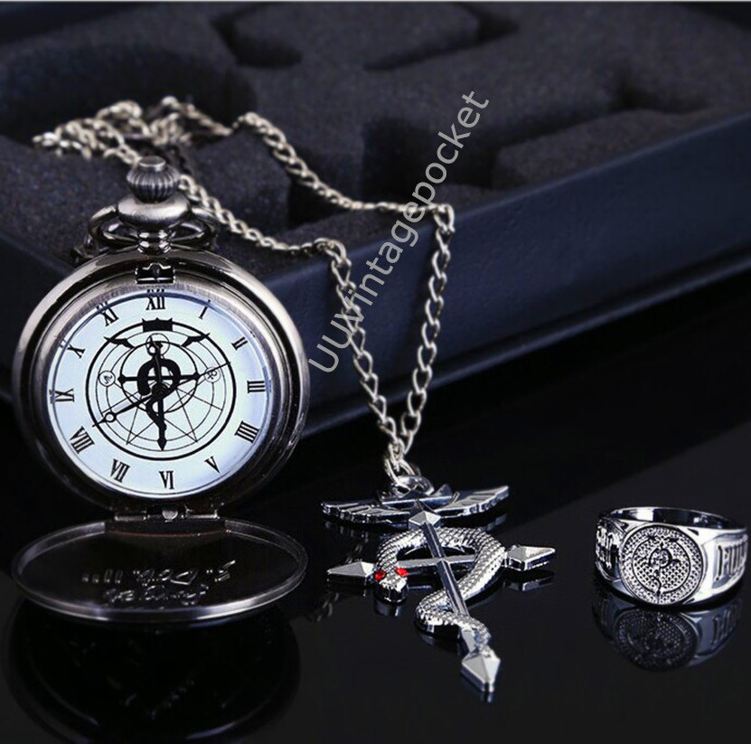 Titanium steel Fullmetal Alchemist three-piece. Fullmetal Alchemist pocket watch with Fullmetal Alchemist necklace and ring steampunk buy now online