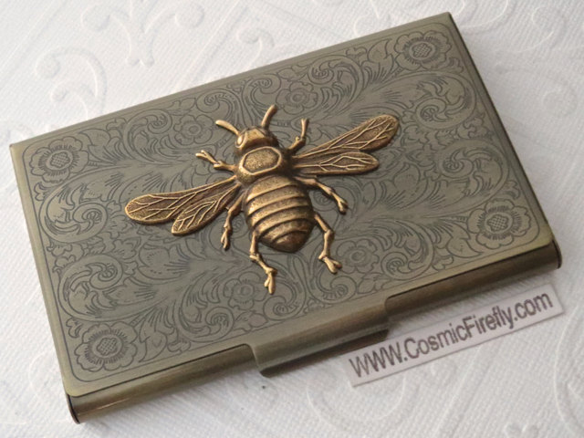 Brass Bee Business Card Case Bee Case Vintage Style Steampunk Case Gothic Victorian Scroll Pattern Metal Card Holder steampunk buy now online