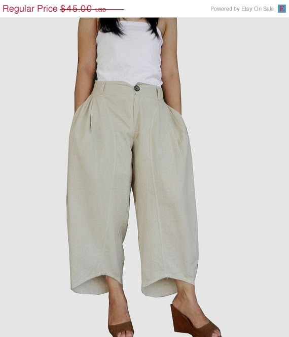 SALE30%OFF Harem Pant Casual Three Quarter Length Unique Design, Cotton Linen In Light Beige color. steampunk buy now online