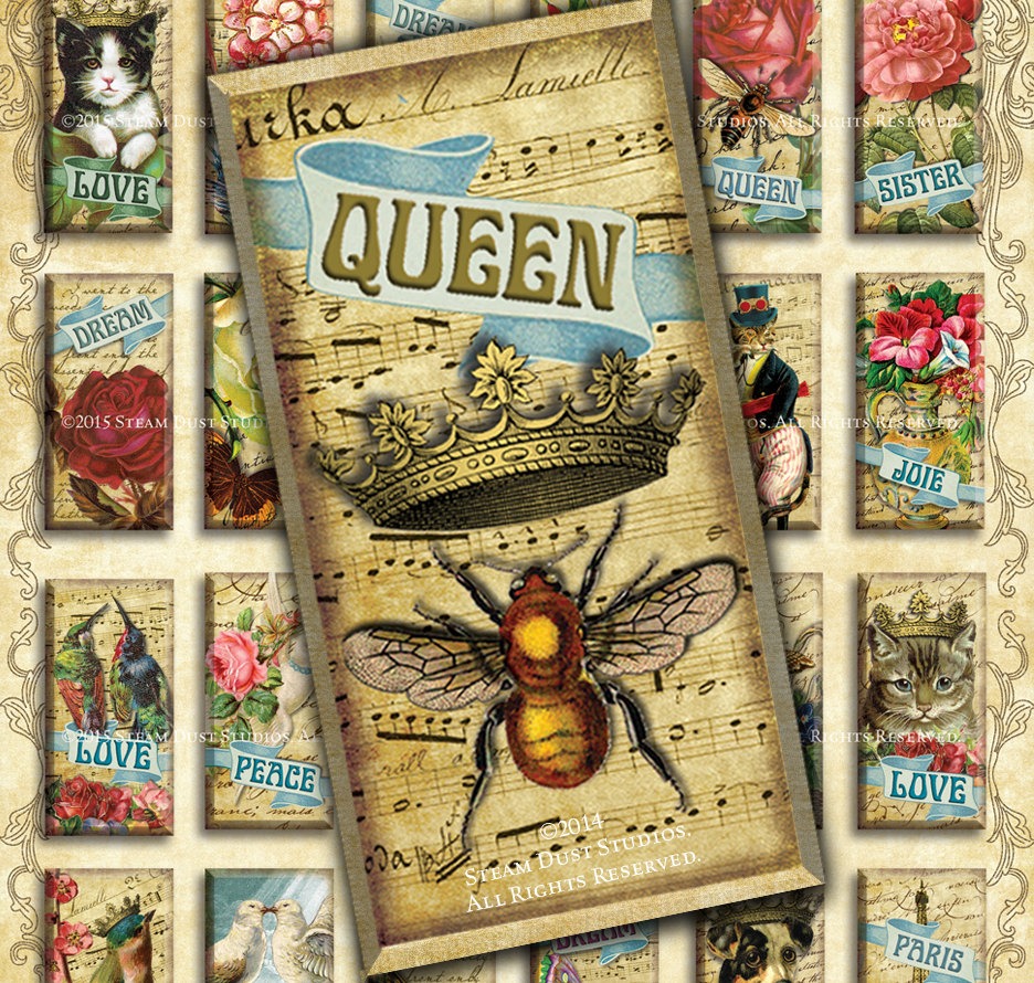 Victorian Steampunk Queen Bee with Crowns, Paris, Cats, Dogs - 1x2" Domino Tiles - Digital Collage, Jewelry Printables, Instant Download steampunk buy now online