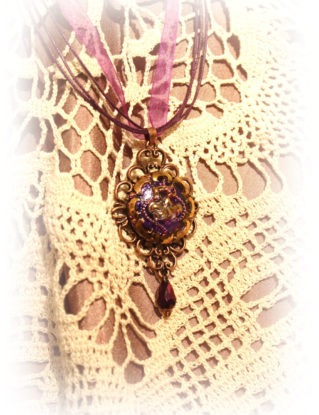 Czech Glass Button Pendant Necklace - Irridescent Purple on Rose Gold with a teardrop dangle bead - Victorian Steampunk Taffeta cord Jewelry steampunk buy now online