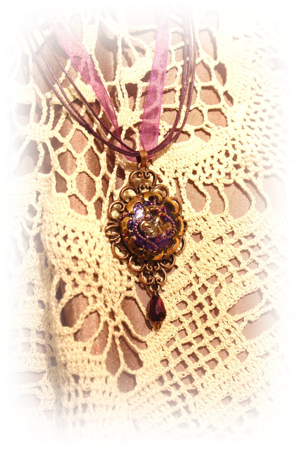 Czech Glass Button Pendant Necklace - Irridescent Purple on Rose Gold with a teardrop dangle bead - Victorian Steampunk Taffeta cord Jewelry steampunk buy now online