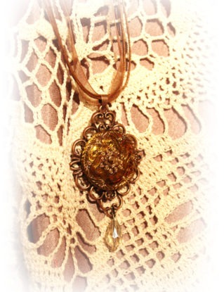 Czech Glass Button Pendant Necklace - Gold on Rose Gold with a teardrop dangle bead - Victorian Steampunk Taffeta Cord Jewelry steampunk buy now online