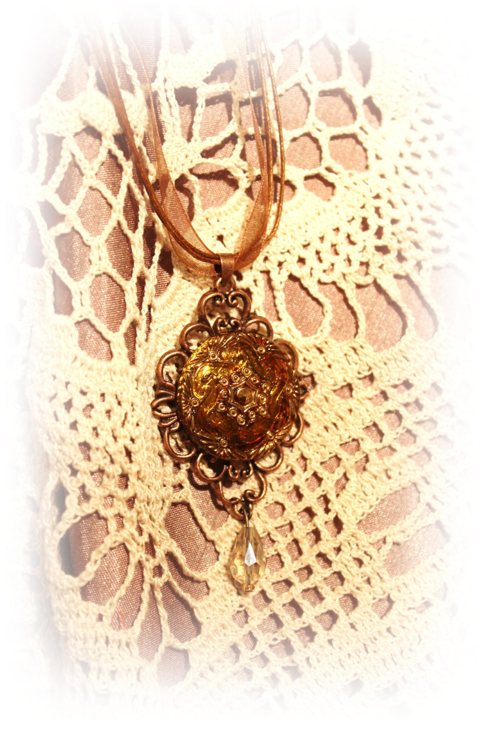 Czech Glass Button Pendant Necklace - Gold on Rose Gold with a teardrop dangle bead - Victorian Steampunk Taffeta Cord Jewelry steampunk buy now online