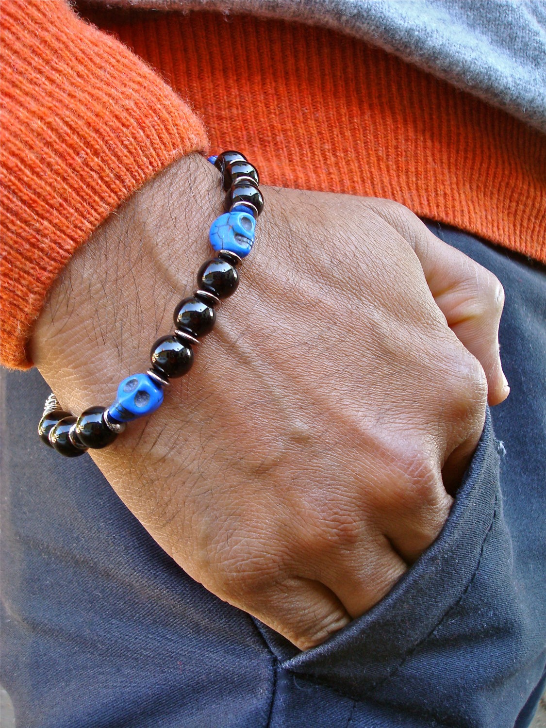 Men's Rocker Bracelet with Cobalt Howlite Carved Skulls, Jet Glass, Gunmetal Rondelles and Bali Bead - Ghost - Steampunk Men's Bracelet steampunk buy now online