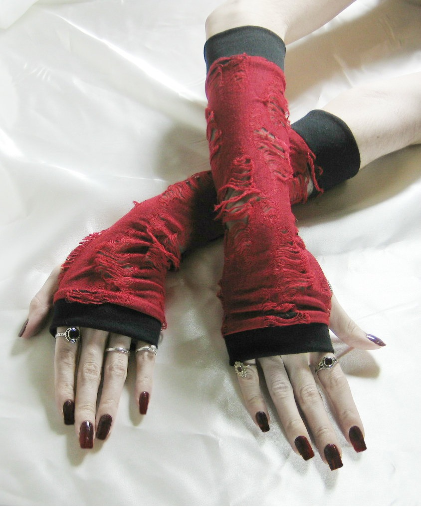 Arm Warmers - Distressed - Blood red rips mesh distress apocalypse steampunk gothic vampire living dead zombie belly dancing horror goth emo steampunk buy now online