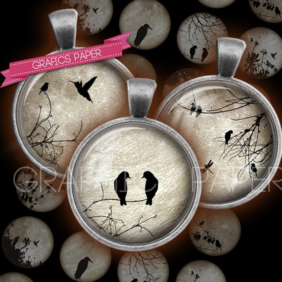 Birds and dark Moon - digital collage sheet - td10 - 1.5", 1.25", 30mm, 1 inch - Printable - Bottle caps - Image Pendant, Picture Necklace steampunk buy now online