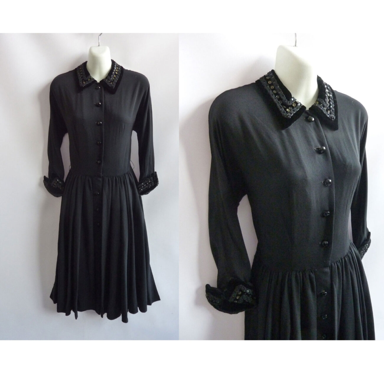Vintage 40s Dress Size M Black Rayon Peplum Film Noir Sequins Velvet steampunk buy now online
