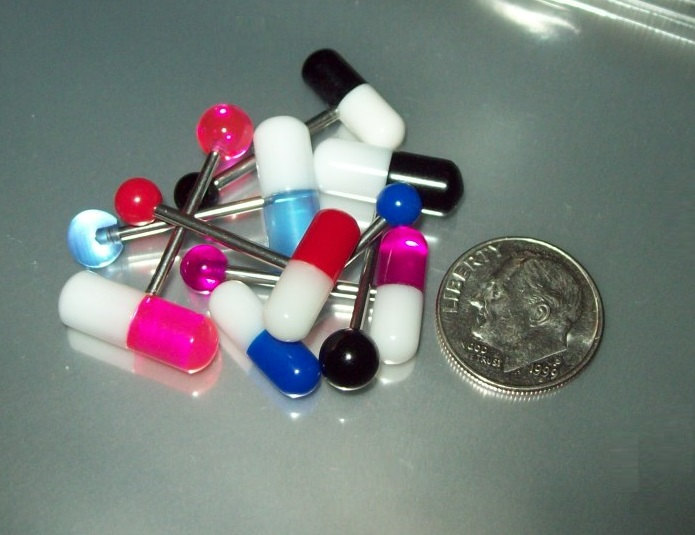 Tongue rings PILL TOPS Acrylic barbell ring 14 gauge unique tongue bars hypoallergenic straight bar piercing industrial nipple body jewelry steampunk buy now online