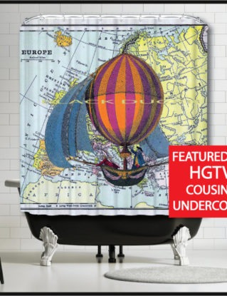 Orange Striped Hot Air Balloon Antique Europe Map Shower Curtain - Steampunk Hot Air Balloon Dirigible blue bathroom shower curtain steampunk buy now online