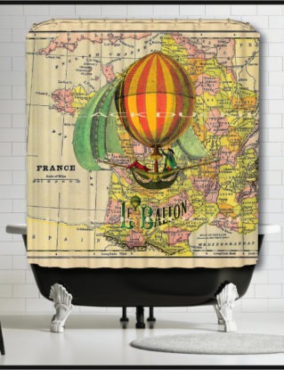 French Hot Air Balloon on Antique France Map Shower Curtain - Orange Dirigibles airships France map shower curtain steampunk buy now online