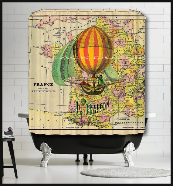 French Hot Air Balloon on Antique France Map Shower Curtain - Orange Dirigibles airships France map shower curtain steampunk buy now online