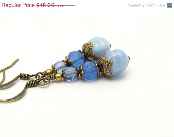 ON SALE - FREE Shipping Blue Earrings Stacked Dangle Vintage Light Blue Glass Dark Blue Steampunk Earrings Hawaii Beads Jewelry steampunk buy now online