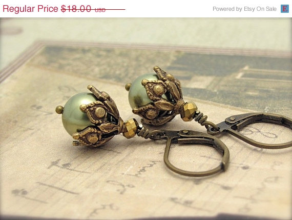 ON SALE - FREE Shipping Pearl Earrings Ornate Steampunk Earrings Light Forest Green Drops Swarovski Crystal Pearls Antiqued Goldtone Hawaii steampunk buy now online