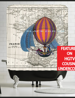 French Hot Air Balloon Antique France Map Shower Curtain - Steampunk Hot Air Balloon Dirigible blue bathroom shower curtain steampunk buy now online