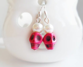 Pink vintage style skull earrings with ivory glass pearls and silver hooks steampunk buy now online