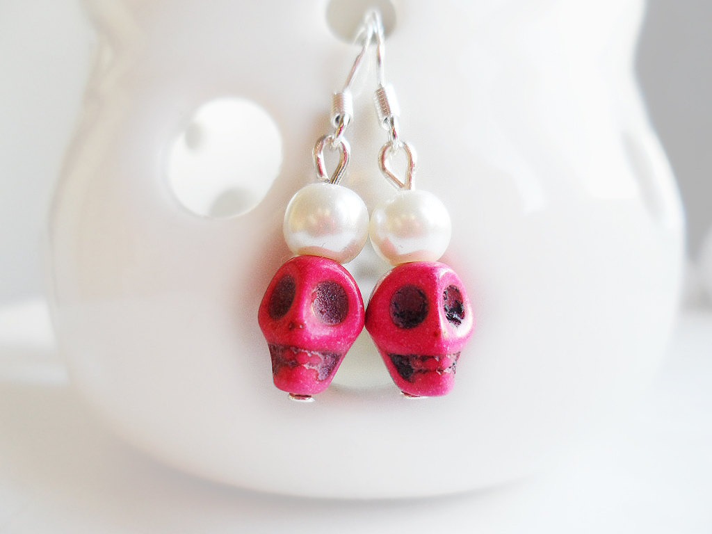 Pink vintage style skull earrings with ivory glass pearls and silver hooks steampunk buy now online