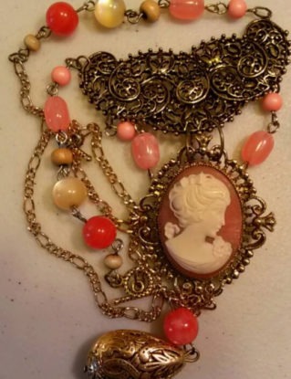 Cameo Locket, Vintage assemblage necklace. Coral vintage beds, Victorian Style, Steampunk. steampunk buy now online