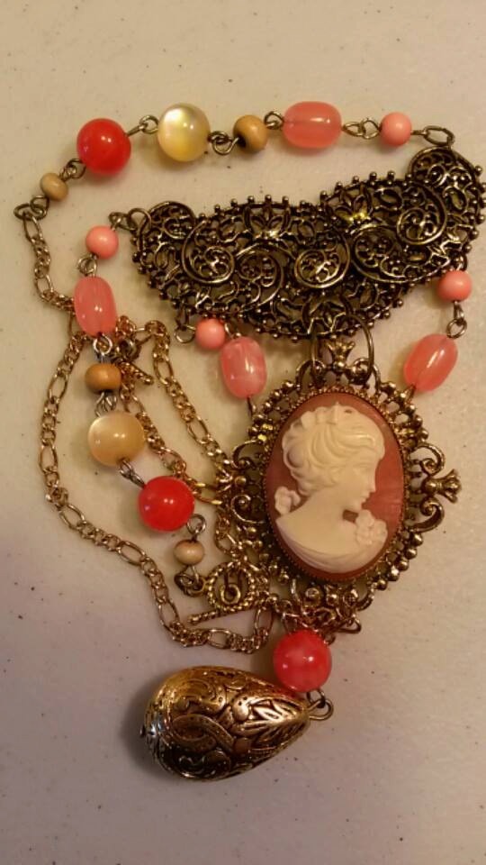 Cameo Locket, Vintage assemblage necklace. Coral vintage beds, Victorian Style, Steampunk. steampunk buy now online