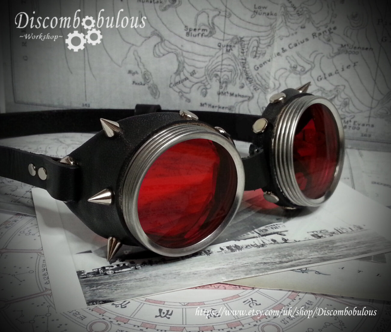 Steampunk Spiked Goggles Silver & Black Leather - The Commander, Dieselpunk, Adventurer, Time Traveller, Studs, Airship, Kraken, Burning Man steampunk buy now online