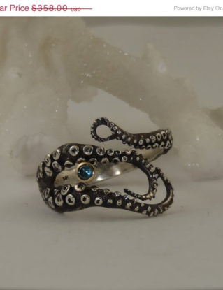 WEEKEND SALE SALE - Blue Diamond Engagement Ring, Wedding Band, Sterling Silver, 14K gold Bezel Octopus Jewelry, Tentacle Jewelry, Men's jew steampunk buy now online