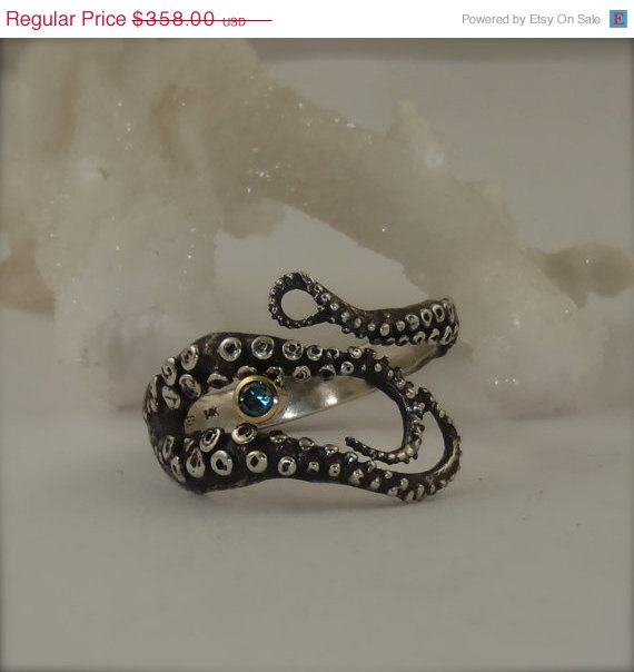 WEEKEND SALE SALE - Blue Diamond Engagement Ring, Wedding Band, Sterling Silver, 14K gold Bezel Octopus Jewelry, Tentacle Jewelry, Men's jew steampunk buy now online