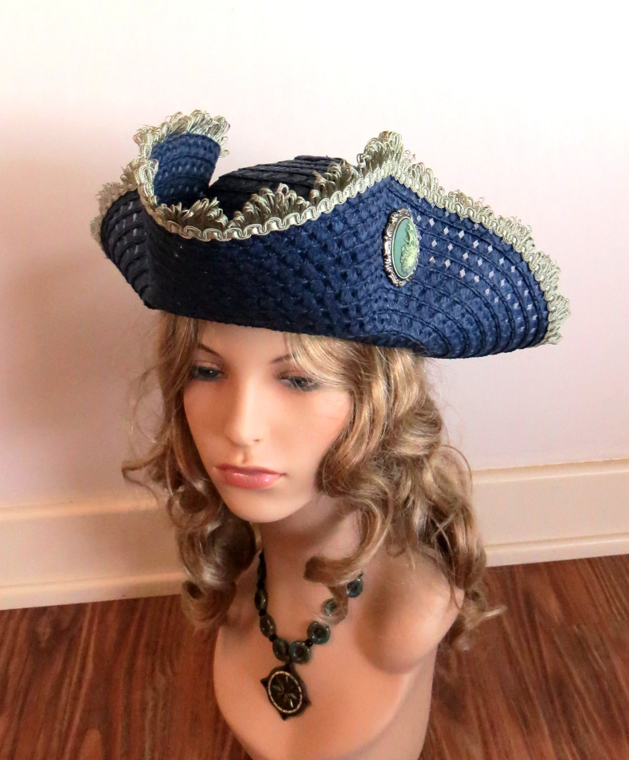 Pirate Tricorn Hat in Blue and Green Trim with Cameo steampunk buy now online