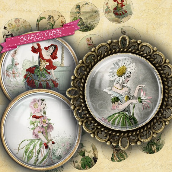 Antique prints of female plants - digital collage sheet - td81 - 1.5", 1.25", 30mm, 1 inch circles magnet, Images for pendant, cabochon caps steampunk buy now online