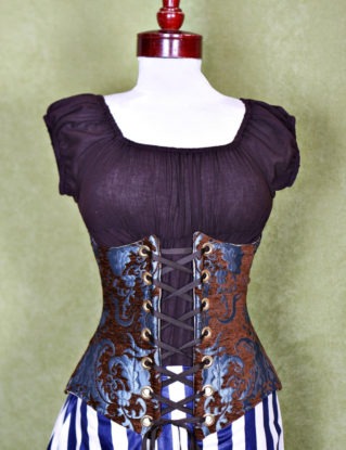 Waist 39 to 41 Chocolate & Teal Medallion Wench Corset steampunk buy now online