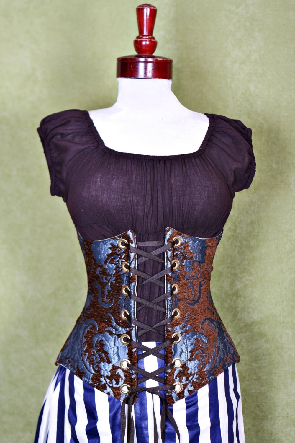 Waist 39 to 41 Chocolate & Teal Medallion Wench Corset steampunk buy now online
