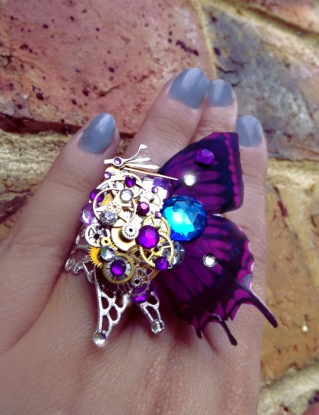 Steampunk ring, butterfly ring, purple ring, silver steampunk, filigree ring, cocktail boho ring, OOAK, magic ring, watch gear ring, art steampunk buy now online