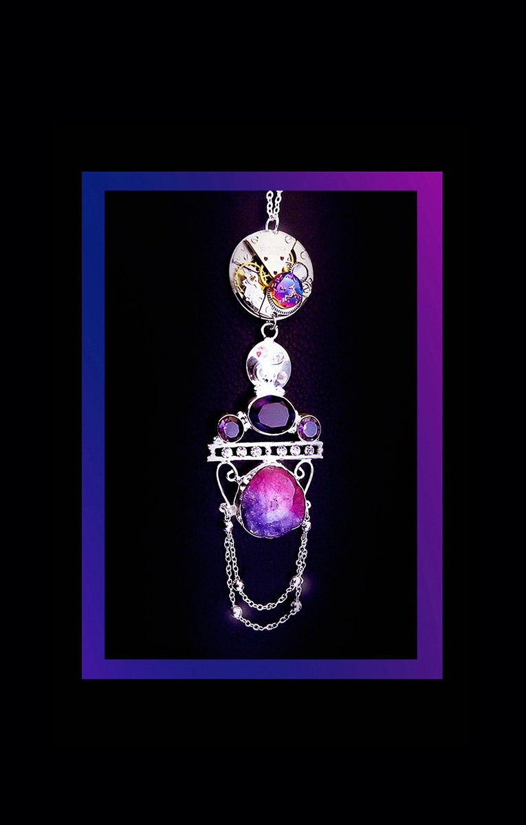 Steampunk necklace, purple druzy necklace, steampunk jewelry, purple amethyst, watch gear necklace, crystal necklace, movement necklace,OOAK steampunk buy now online