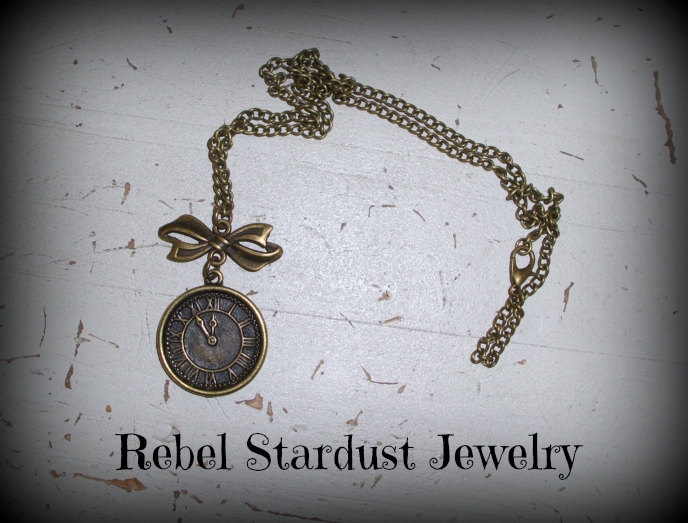 Bronze Steampunk / Alice In Wonderland clock necklace with cute butterfly bow steampunk buy now online