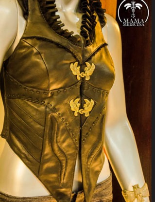 APHRODITE LEATHER VEST ~ Black Mini. Festival, steampunk, baroque, victorian. Genuine leather. Brass hardware. Fully lined. Brass Owl Clasp. steampunk buy now online