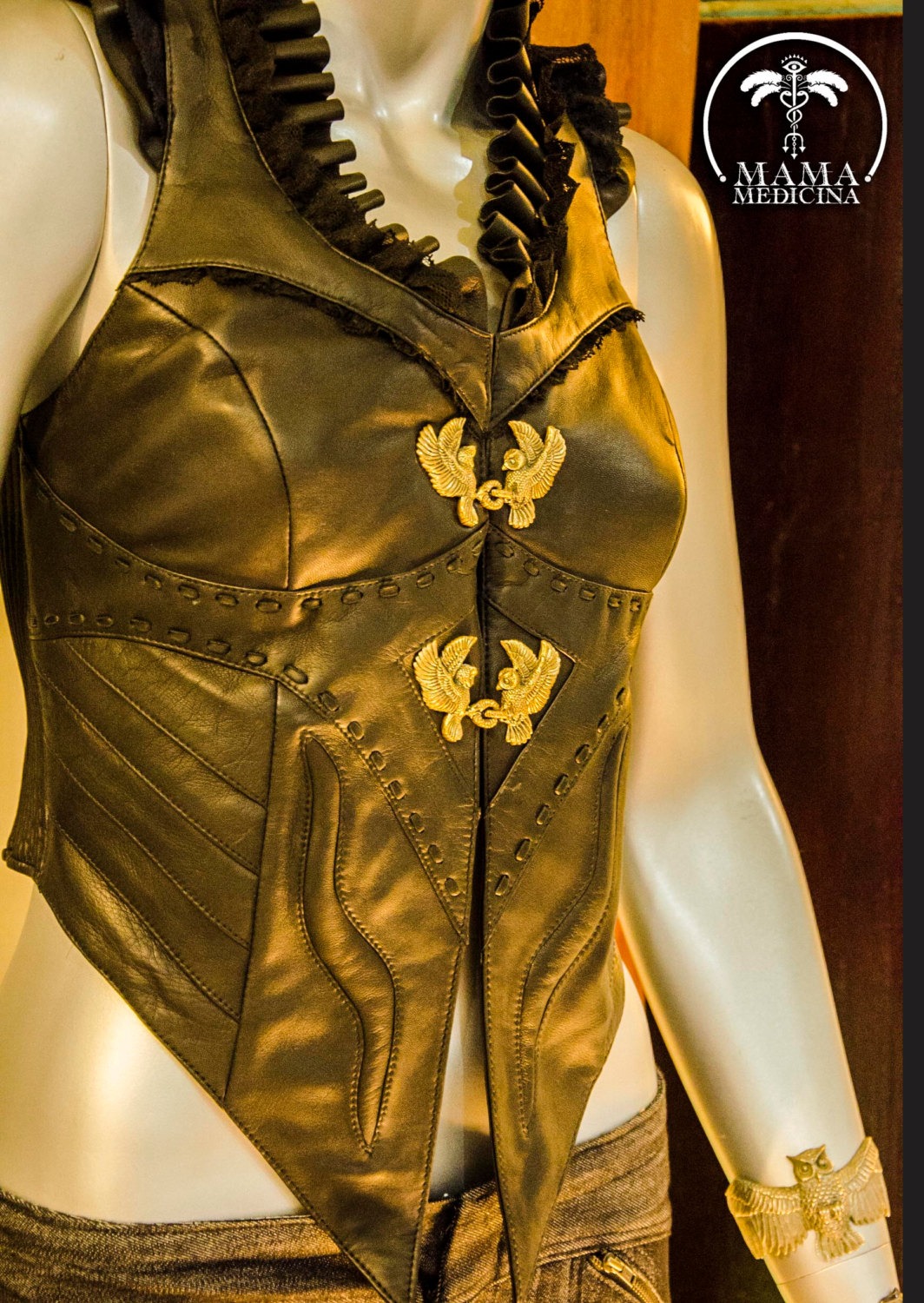 APHRODITE LEATHER VEST ~ Black Mini. Festival, steampunk, baroque, victorian. Genuine leather. Brass hardware. Fully lined. Brass Owl Clasp. steampunk buy now online