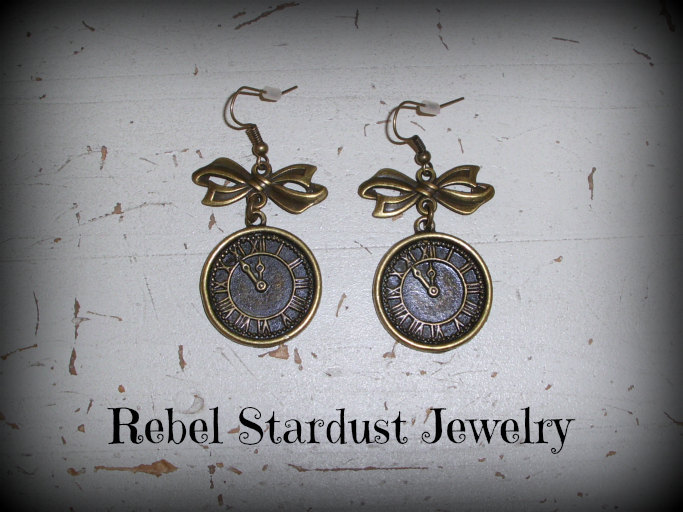 Bronze Steampunk / Alice In Wonderland clock earrings with cute butterfly bow steampunk buy now online