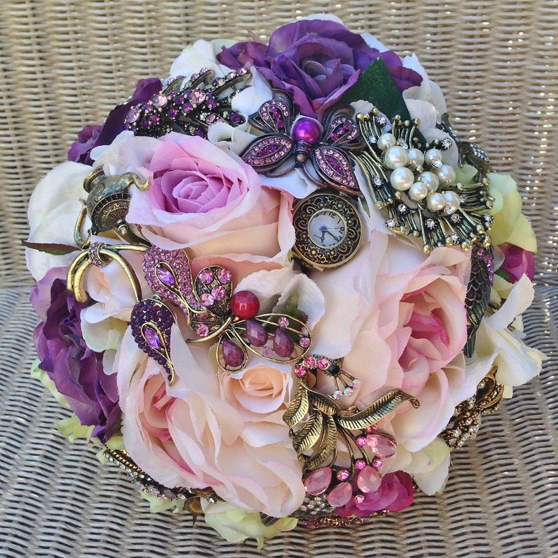 FULL PRICE (not a deposit) Lilac, Purple, Pale Pink, and Green Vintage Antique Jewelled Steampunk Bridal Brooch Bouquet: Elizabeth steampunk buy now online