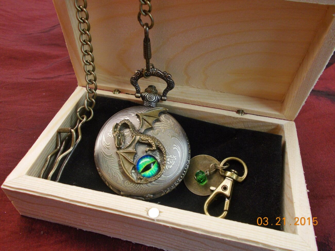 Pocket Watch - Monogrammed Key Ring - Zipper Pull - Steampunk - Pterodactyl - Dragon - Eye - Swarovski Crystal - In Wood Box - Free Shipping steampunk buy now online
