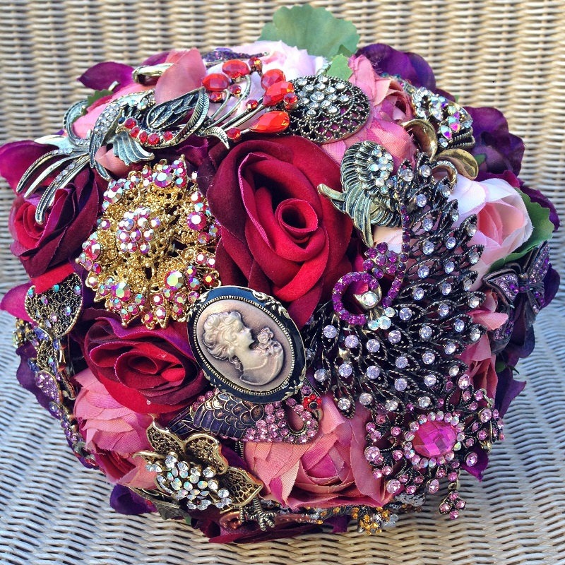 FULL PRICE (not a deposit) Red, Burgundy, Pink, and Purple Vintage Steampunk Antique Inspired Vintage Jewelled Brooch Bouquet: Katherine steampunk buy now online