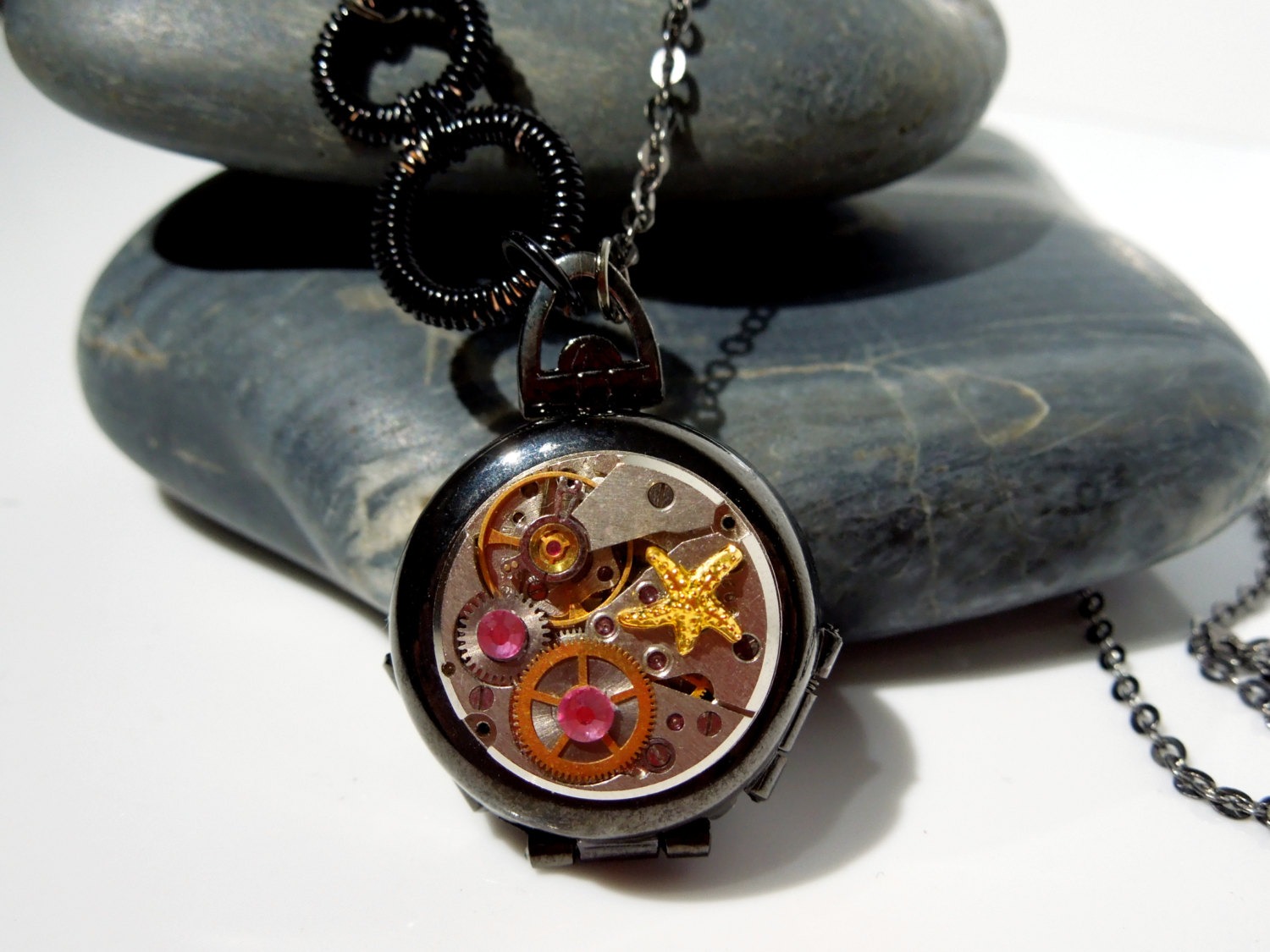 Steampunk Watch Movement in Black Vintage Folding Photo Locket Pendant Necklace. Pink Czech's crystals, Starfish deco, Infinity connector. steampunk buy now online